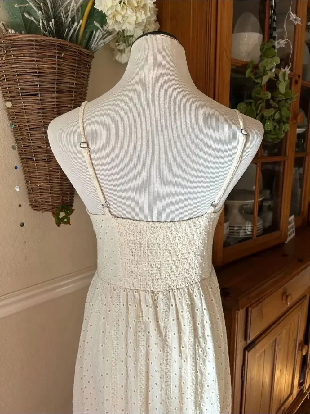 Urban Outfitters Abbey Cream Eyelet Fully Lined Button-Front Midi Dress